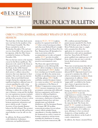PUBLIC POLICY BULLETIN  PUBLIC POLICY BULLETIN  December 22, 2008  OHIO'S 127TH GENERAL ASSEMBLY