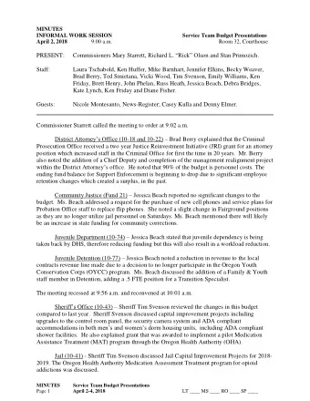 Room 32, Courthouse  9:00 a.m.  April 2, 2018 Commissioners Mary Starrett, Richard L. Rick