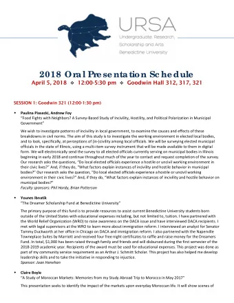 2018 Or  al Pr  e se ntation Sc he dule April 5, 2018  12:00-5:30 pm  Goodwin Hall 312, 317,