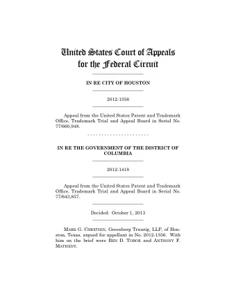 United States Court of Appeals  for the Federal Circuit  ______________________ IN RE CITY OF