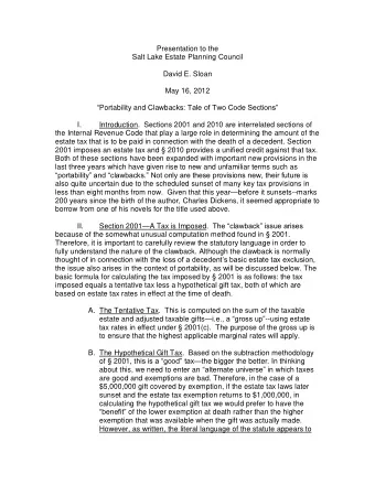 Presentation to the  Salt Lake Estate Planning Council  David E. Sloan  May 16, 2012