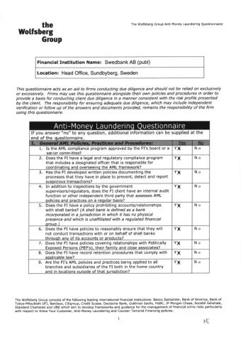 the The Wolfsberg Group Anti-Money Laundering Questionnaire  Wolfsberg  Group Financial Institution