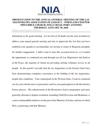 PRESENTATION TO THE ANNUAL GENERAL MEETING OF THE LAY MAGISTRATES ASSOCIATION OF JAMAICA