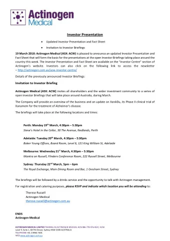 Investor Presentation    Updated Investor Presentation and Fact Sheet    Invitation to