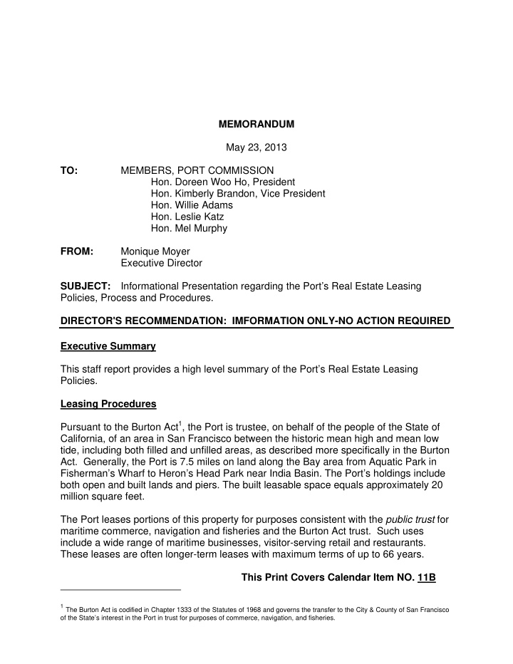 memorandum may 23 2013 to members port commission hon