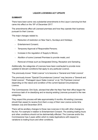 LIQUOR LICENSING ACT UPDATE  SUMMARY  There have been some very substantial amendments to the