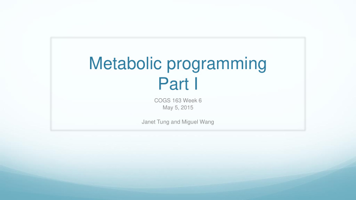 metabolic programming part i