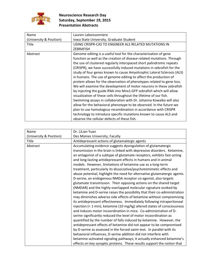 neuroscience research day saturday september 19 2015