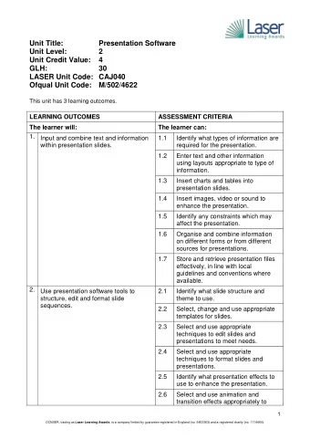 Unit Title:  Presentation Software  Unit Level:  2  Unit Credit Value:  4  GLH:  30  LASER Unit