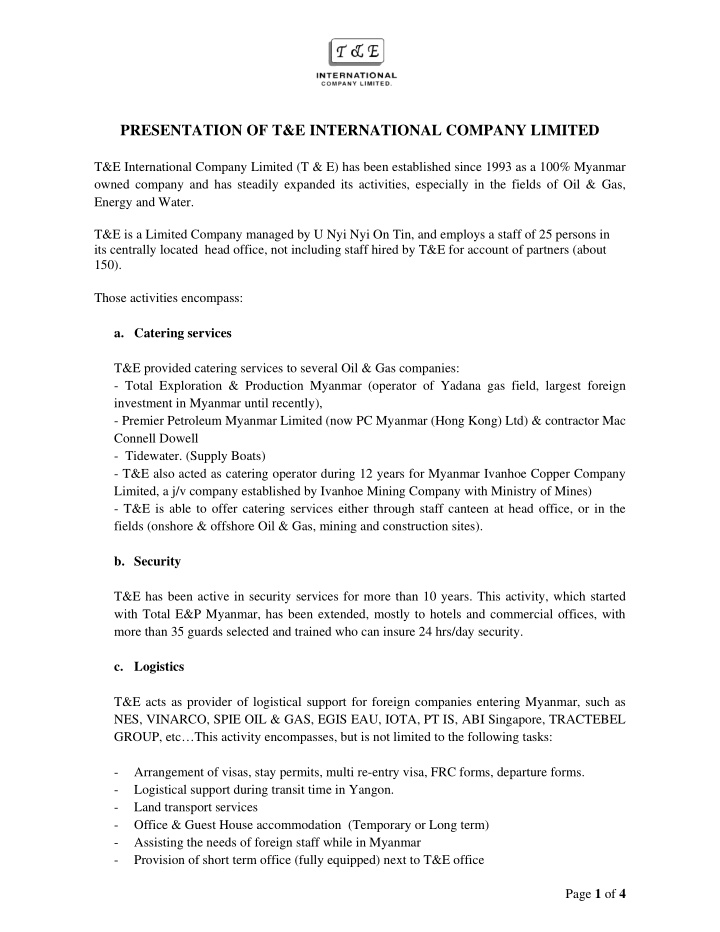 presentation of t e international company limited