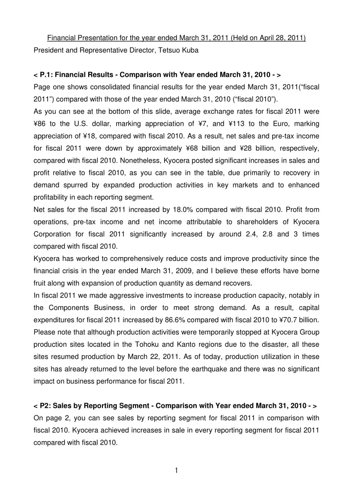 financial presentation for the year ended march 31 2011