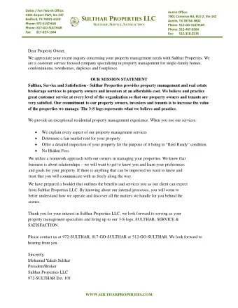 S ULTHAR P ROPERTIES LLC  Bedford, TX 76021-6130  Austin, TX 78754-3802  Phone: 972-SULTHAR S