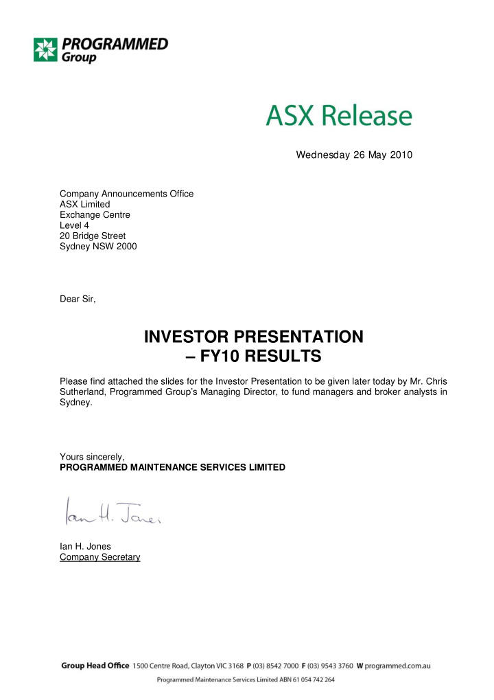 wednesday 26 may 2010 company announcements office asx
