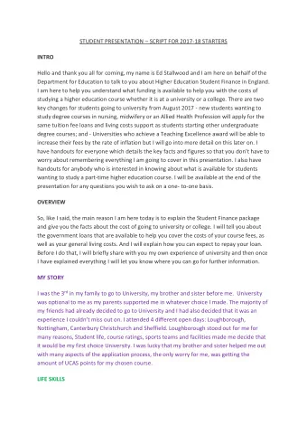 STUDENT PRESENTATION  SCRIPT FOR 2017-18 STARTERS  INTRO  Hello and thank you all for coming, my