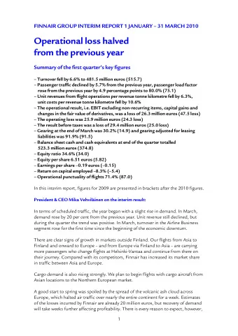 Operational loss halved  from the previous year  Summary of the first quarters key figures