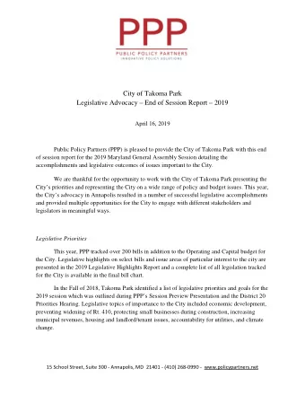 City of Takoma Park  Legislative Advocacy  End of Session Report  2019  April 16, 2019