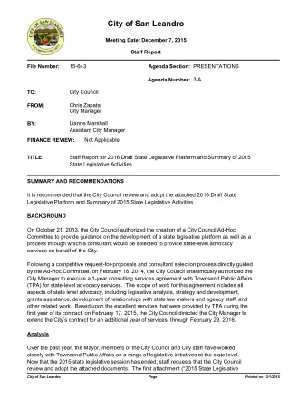 City of San Leandro  Meeting Date: December 7, 2015  Staff Report  15-643  PRESENTATIONS  File