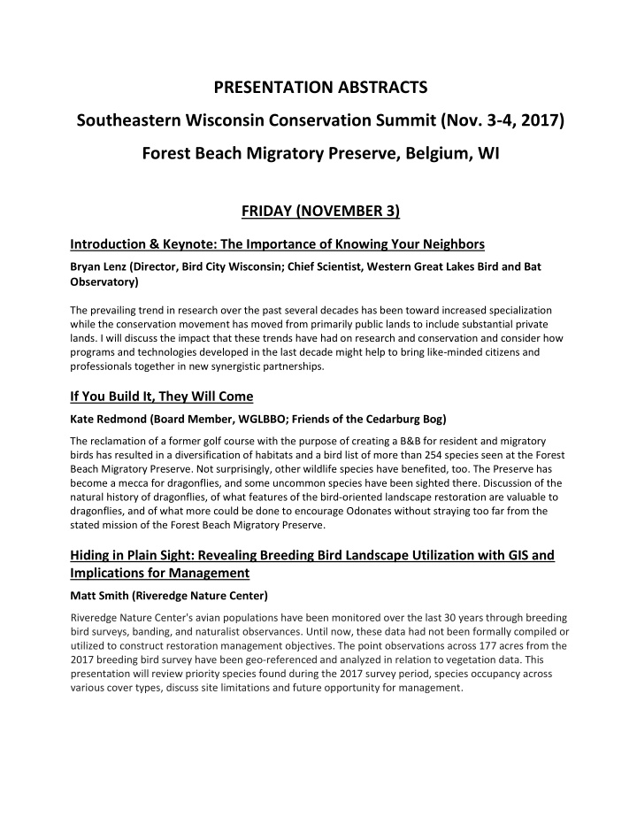 presentation abstracts southeastern wisconsin