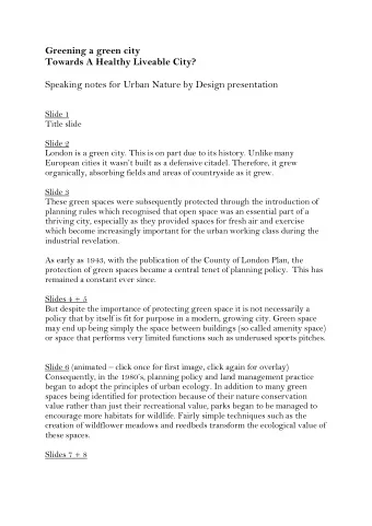 Greening a green city  Towards A Healthy Liveable City?  Speaking notes for Urban Nature by Design