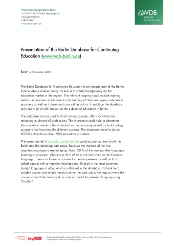 Presentati  tation o  of t  the B  Berlin D  Databas  atabase for C  Conti  tinuing  g  Edu  ducati