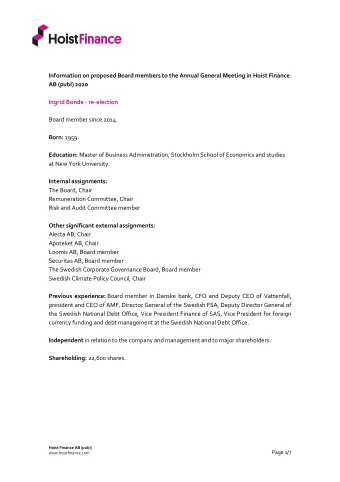 Information on proposed Board members to the Annual General Meeting in Hoist Finance  AB (publ)