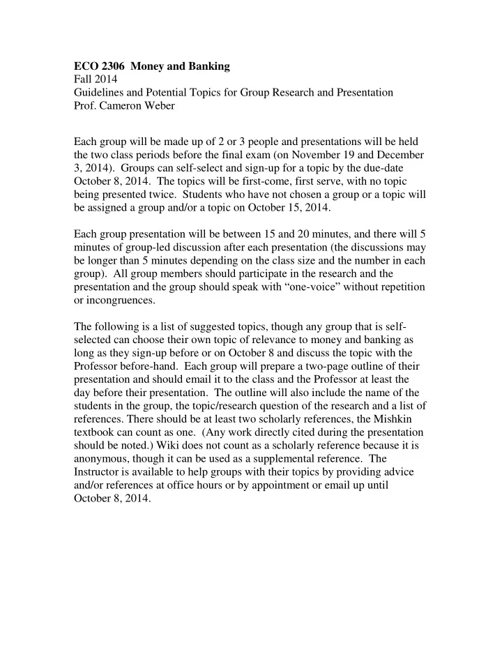 eco 2306 money and banking fall 2014 guidelines and