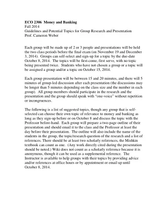 ECO 2306  Money and Banking  Fall 2014  Guidelines and Potential Topics for Group Research and