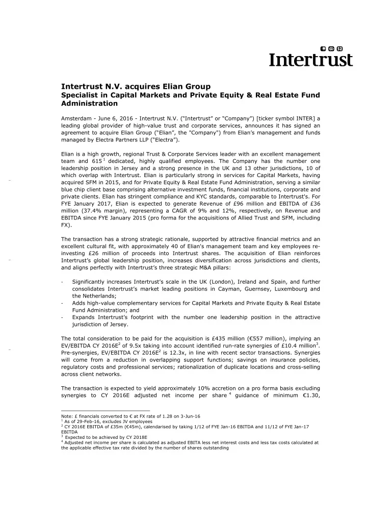 intertrust n v acquires elian group