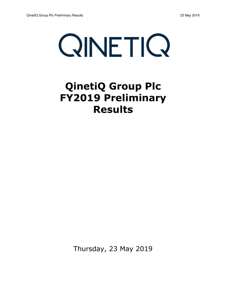 qinetiq group plc fy2019 preliminary results thursday 23