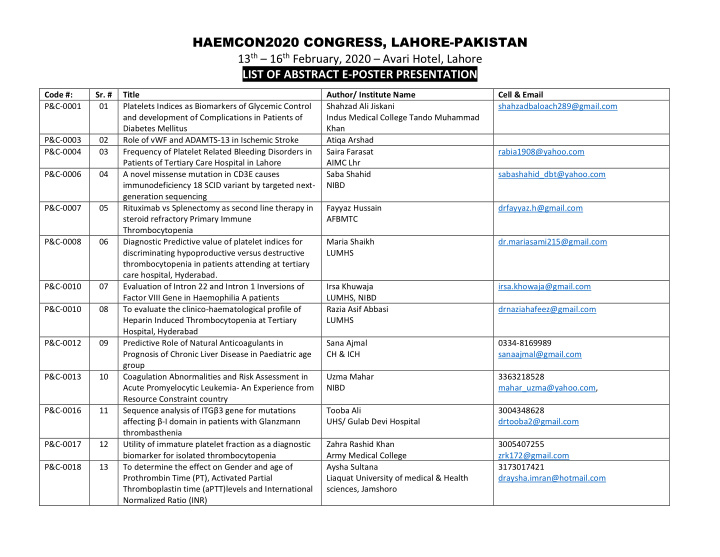 haemcon2020 congress lahore pakistan 13 th 16 th february