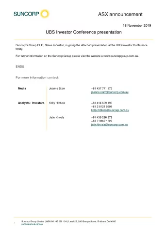 ASX announcement  18 November 2019 UBS Investor Conference presentation Suncorps Group CEO,