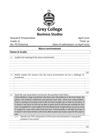 Grey College Business Studies Research Presentation April 2020 Grade 10 Total: 50 Mr. PS Pretorius