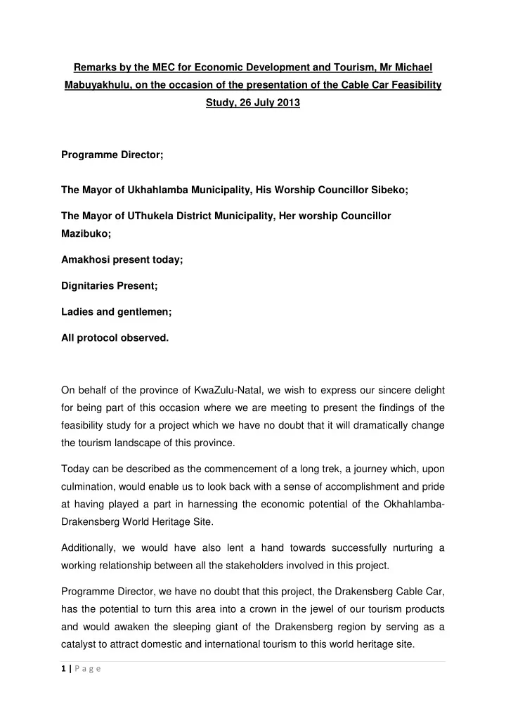 remarks by the mec for economic development and tourism