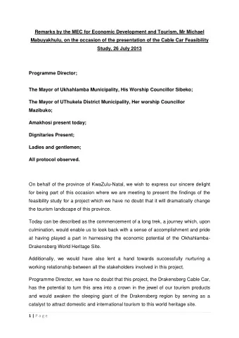 Remarks by the MEC for Economic Development and Tourism, Mr Michael  Mabuyakhulu, on the occasion