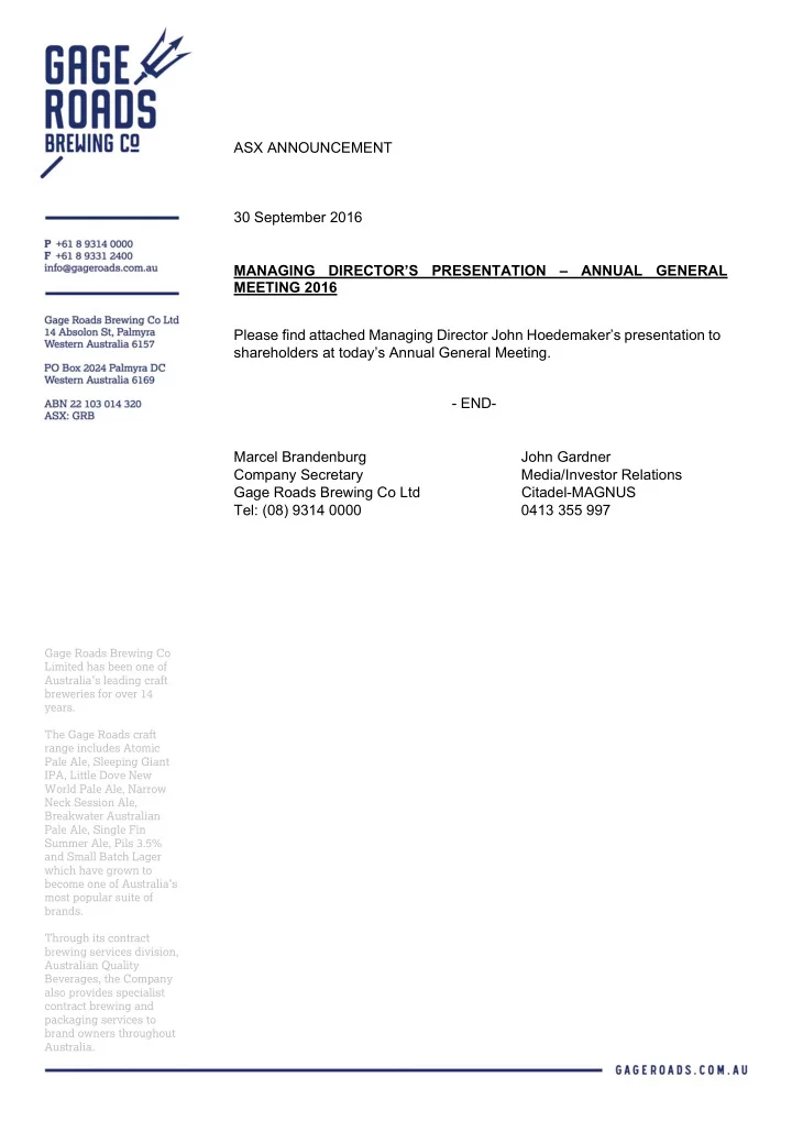 asx announcement 30 september 2016 managing director s