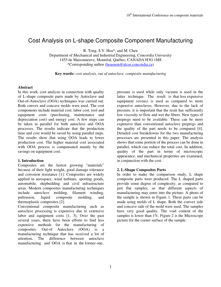cost analysis on l shape composite component manufacturing