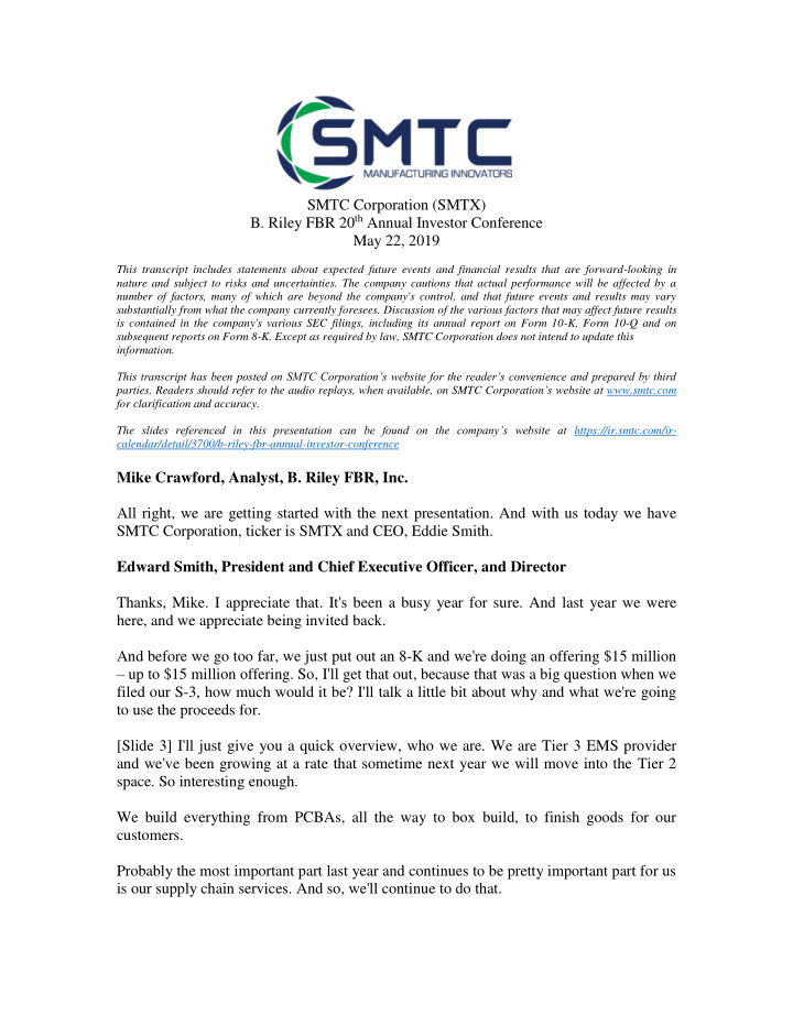 smtc corporation smtx b riley fbr 20 th annual investor