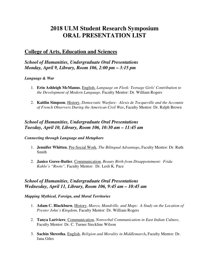 2018 ulm student research symposium oral presentation list