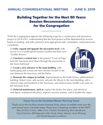 Building Together for the Next 50 Years:  Session Recommendation  for the Congregation  THAT the