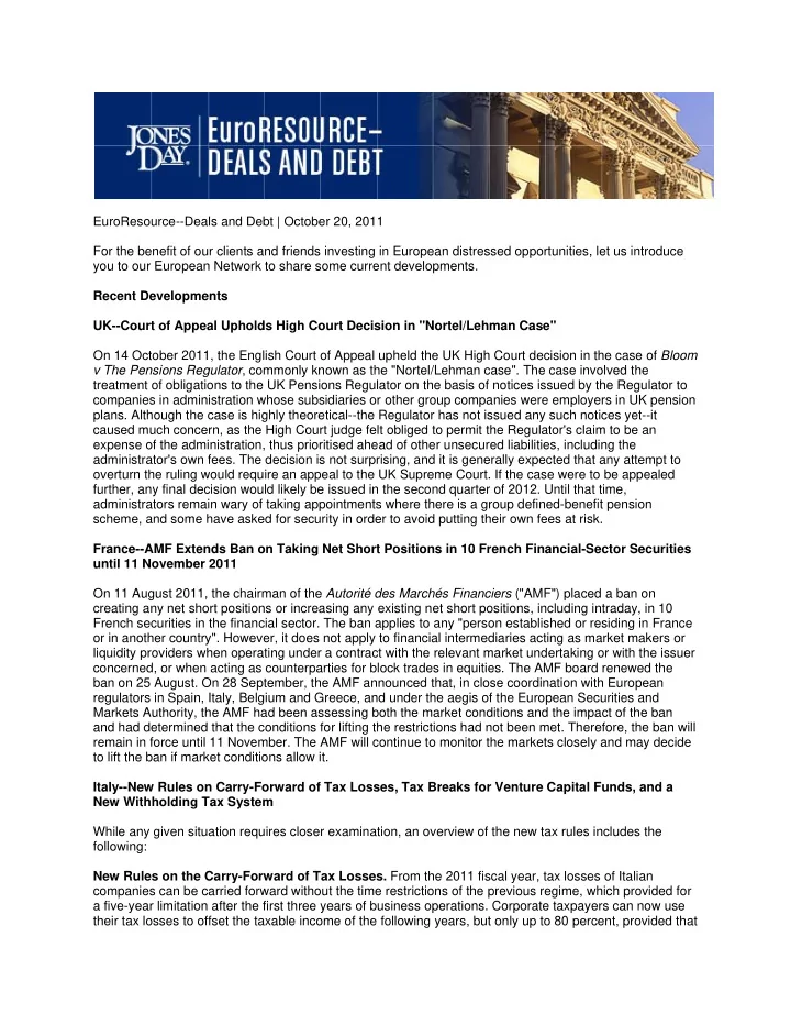 euroresource deals and debt october 20 2011