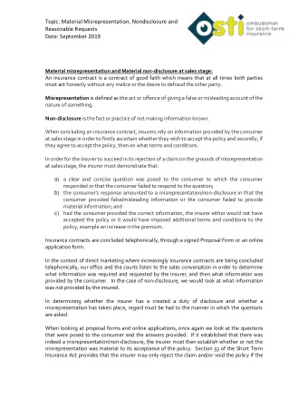Topic: Material Misrepresentation, Nondisclosure and  Reasonable Requests Date: September 2019