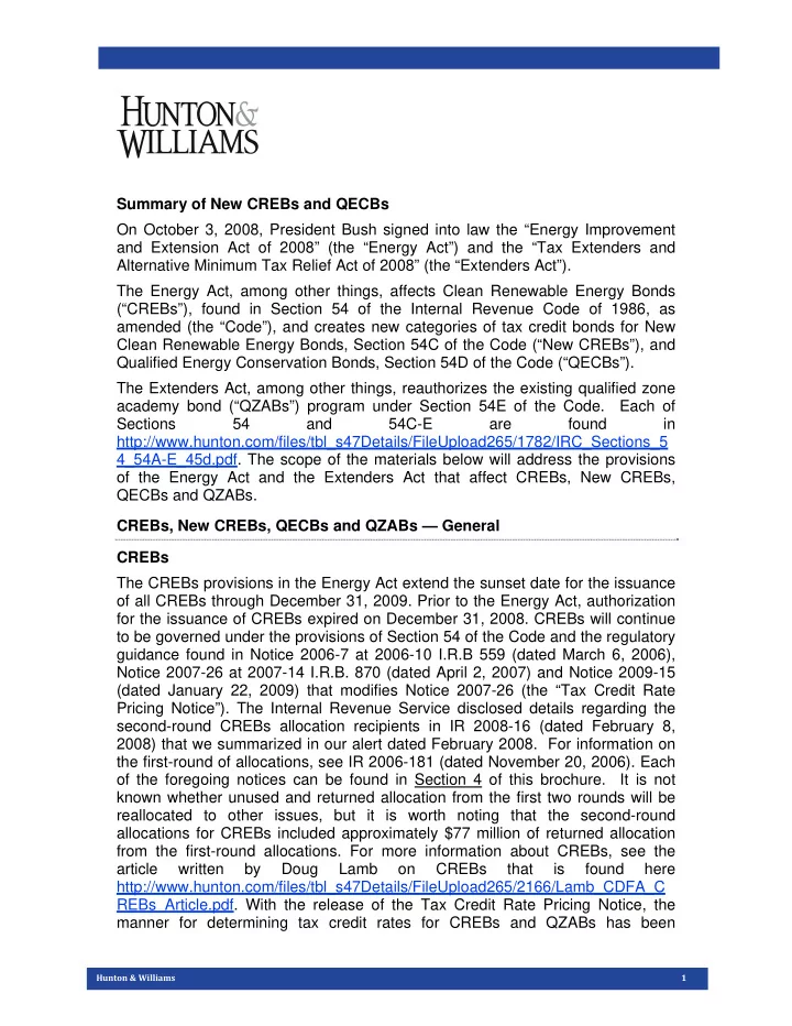 summary of new crebs and qecbs on october 3 2008