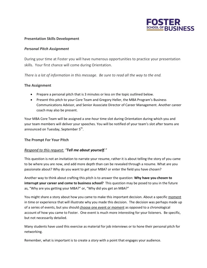 presentation skills development personal pitch assignment