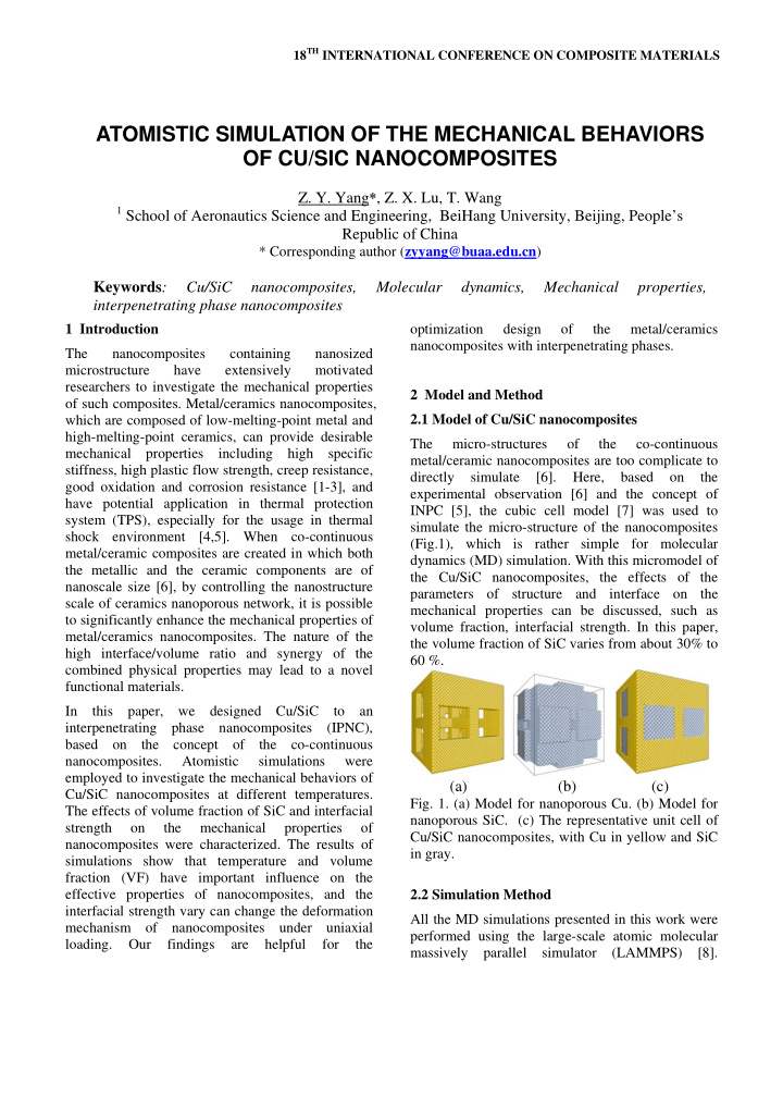 atomistic simulation of the mechanical behaviors of cu