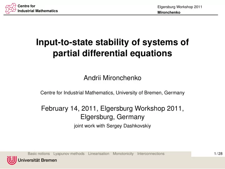 input to state stability of systems of partial