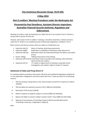 City Insolvency Discussion Group. Perth WA.  4 May 2016 Part X creditors Meeting Procedures
