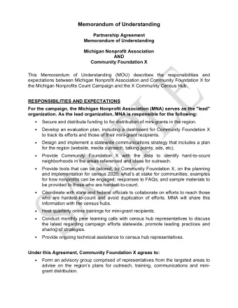 Memorandum of Understanding  Partnership Agreement  Memorandum of Understanding  Michigan Nonprofit