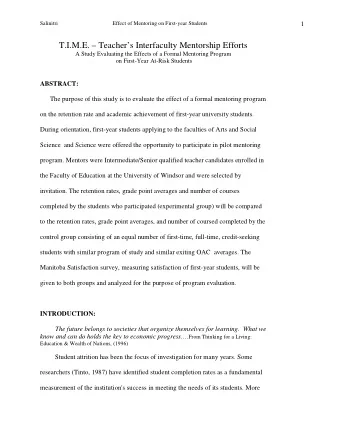 T.I.M.E.  Teachers Interfaculty Mentorship Efforts  A Study Evaluating the Effects of a