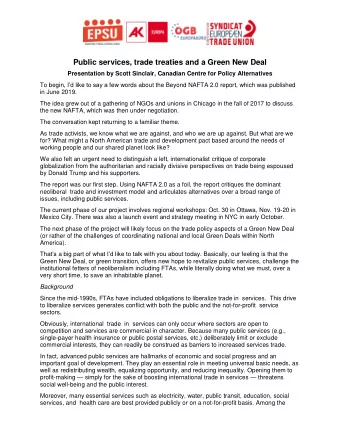 Public services, trade treaties and a Green New Deal  Presentation by Scott Sinclair, Canadian