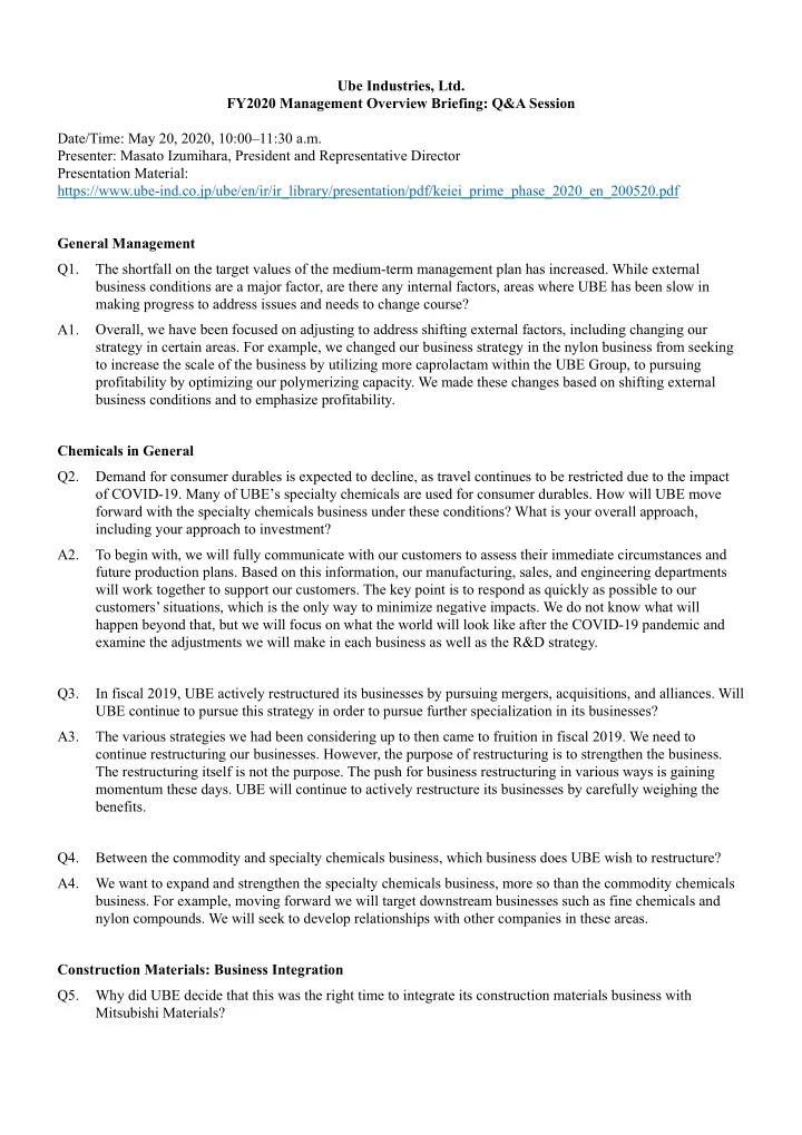 ube industries ltd fy2020 management overview briefing q